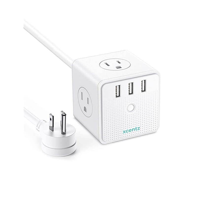 Power Strip Cube White with USB 4 Outlet and 3 USB Ports Surge Protector Power Strip Flat Plug with 5 ft Extension Cord Overload Protection Switch Control Compact for Desktop Office Home