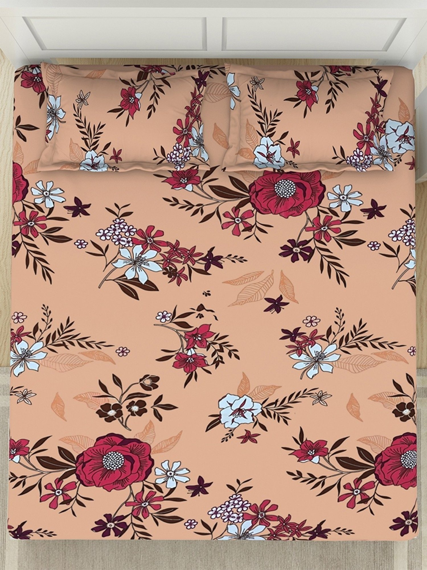 Welspun Floral Peach Microfiber Double Bedsheet with 2 Pillow Covers