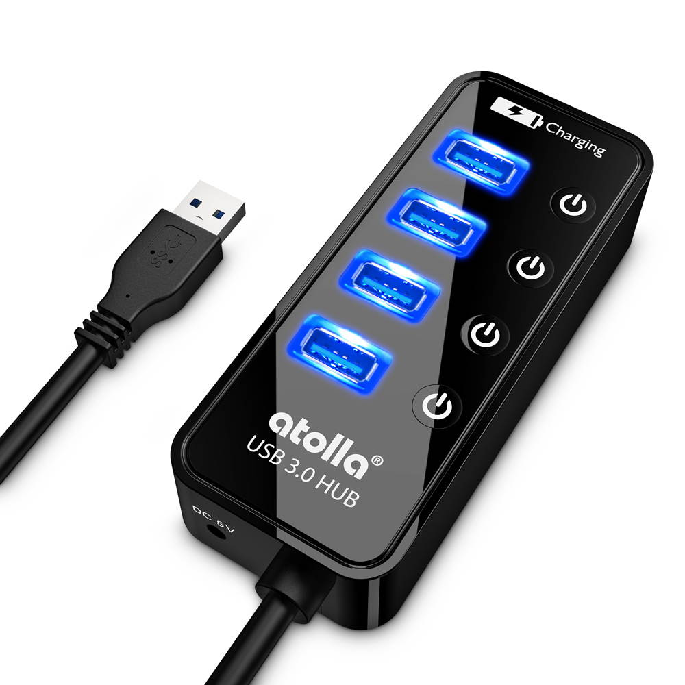 Atolla USB 3.0 Hub, 4 Ports Super Speed USB 3 Hub Splitter, 1 USB Charging Port , On Off Switch,No AC Adapter,Portable Hub