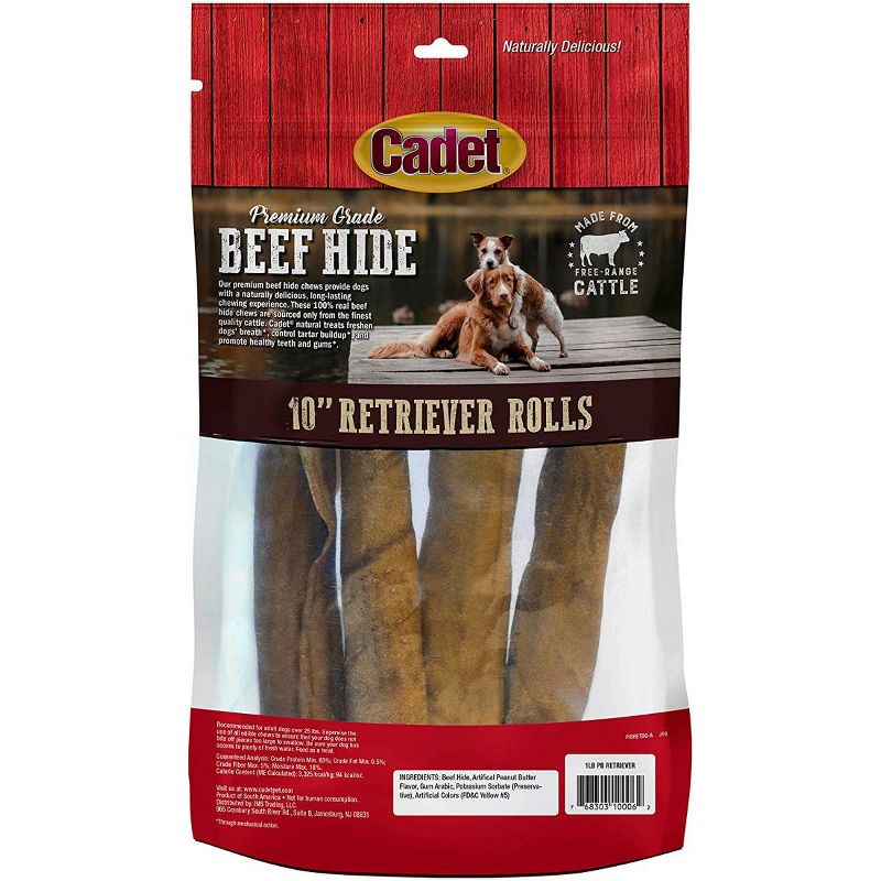 Cadet 10 Inch Rawhide Peanut Butter Basted Retriever Rolls (1 lb x 4 Pack)