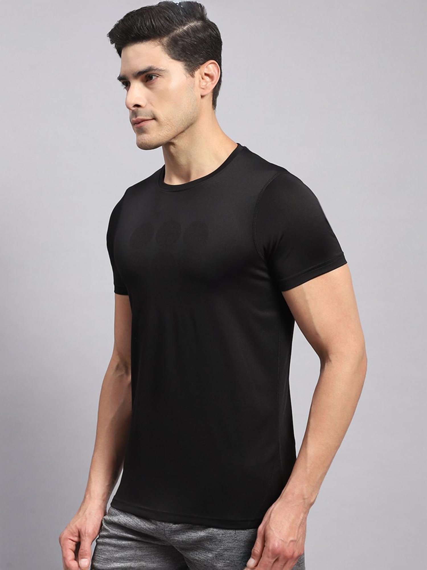 Rock.it Black Cotton Regular Fit Self Pattern T-Shirt