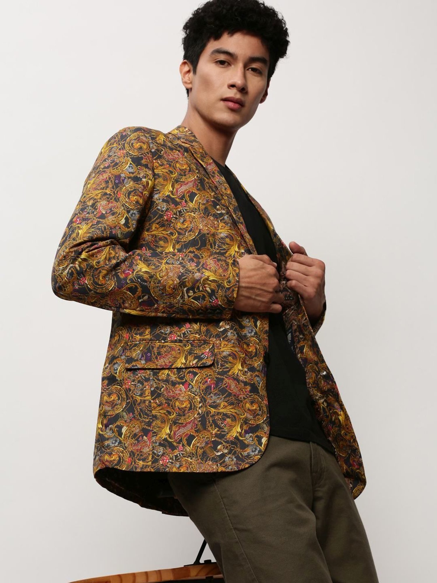 SHOWOFF Mustard Slim Fit Printed Blazer