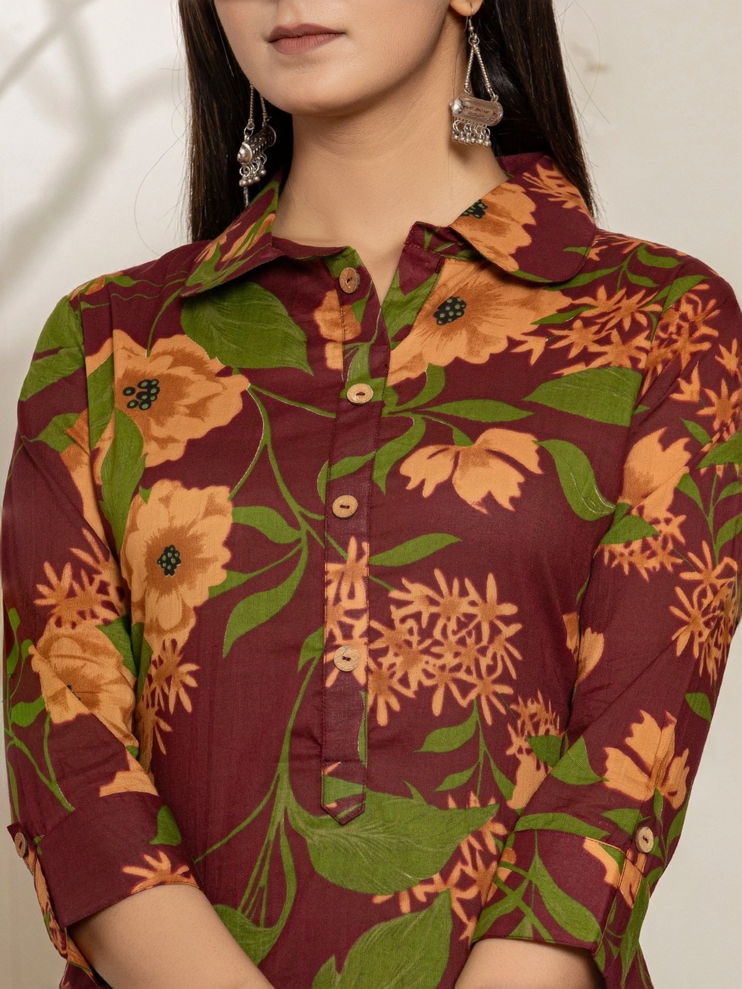 Yufta Maroon Cotton Printed Tunic Pants Sets