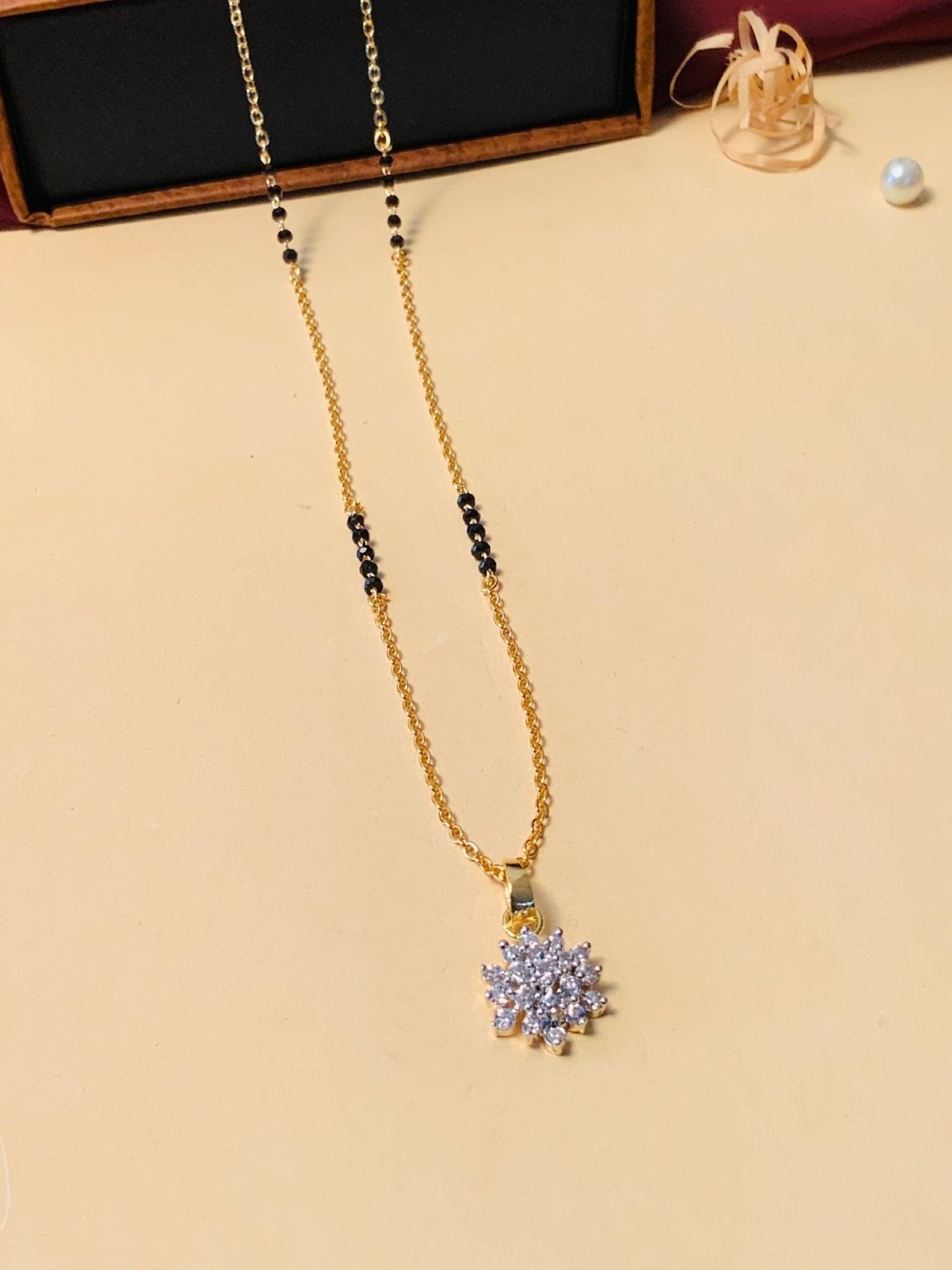 Abdesigns Gold-Plated American Diamond & Black Beaded Mangalsutra