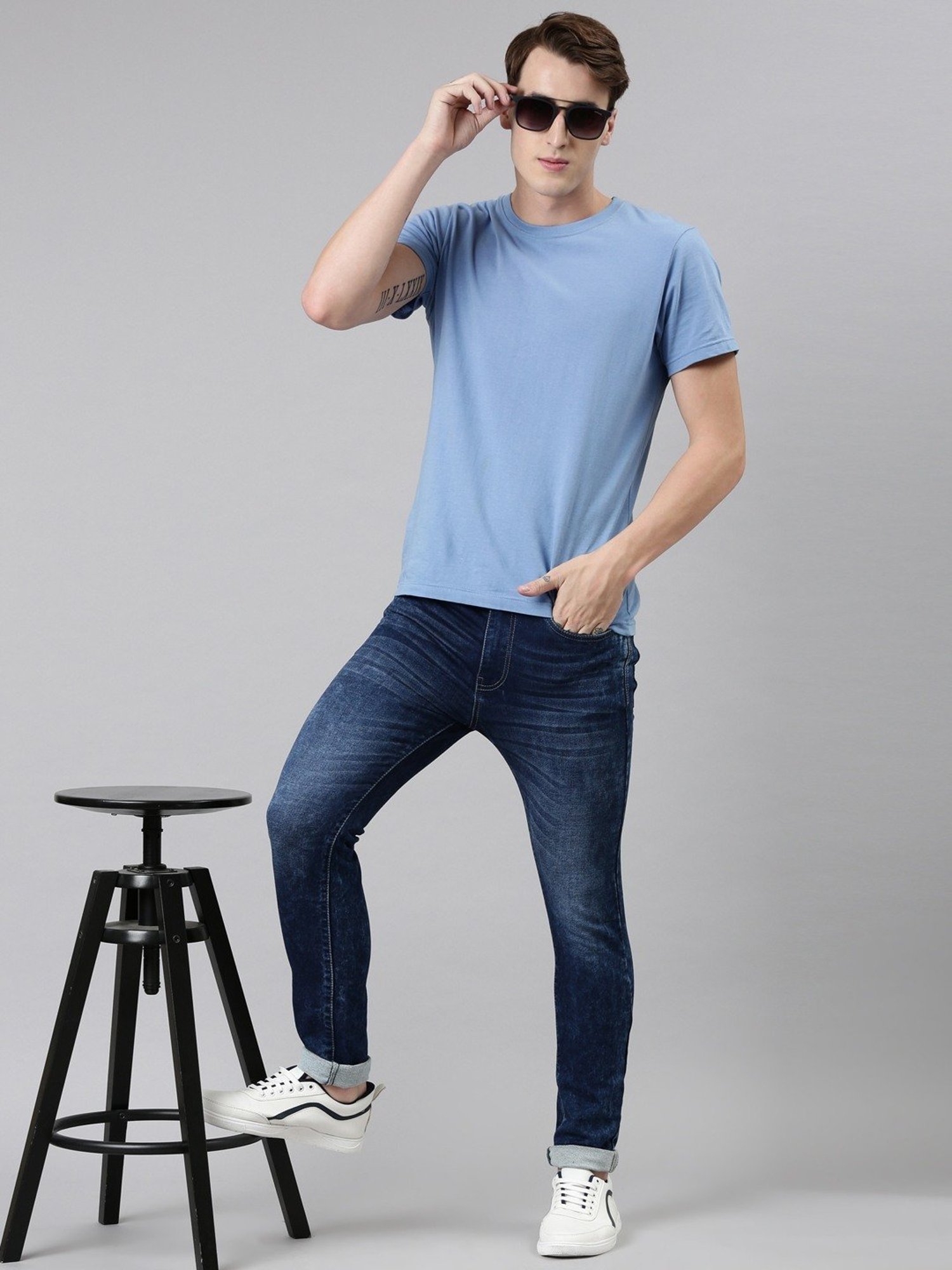 CINOCCI Blue Cotton Slim Fit Jeans