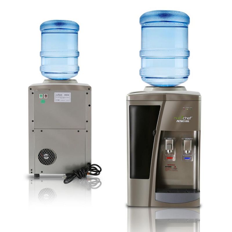 NutriChef 5 Gallon Jug Kitchen Office Countertop Hot and Cold Water Top-Loading Cooler Dispenser Between 50 and 205 Degrees, Silver