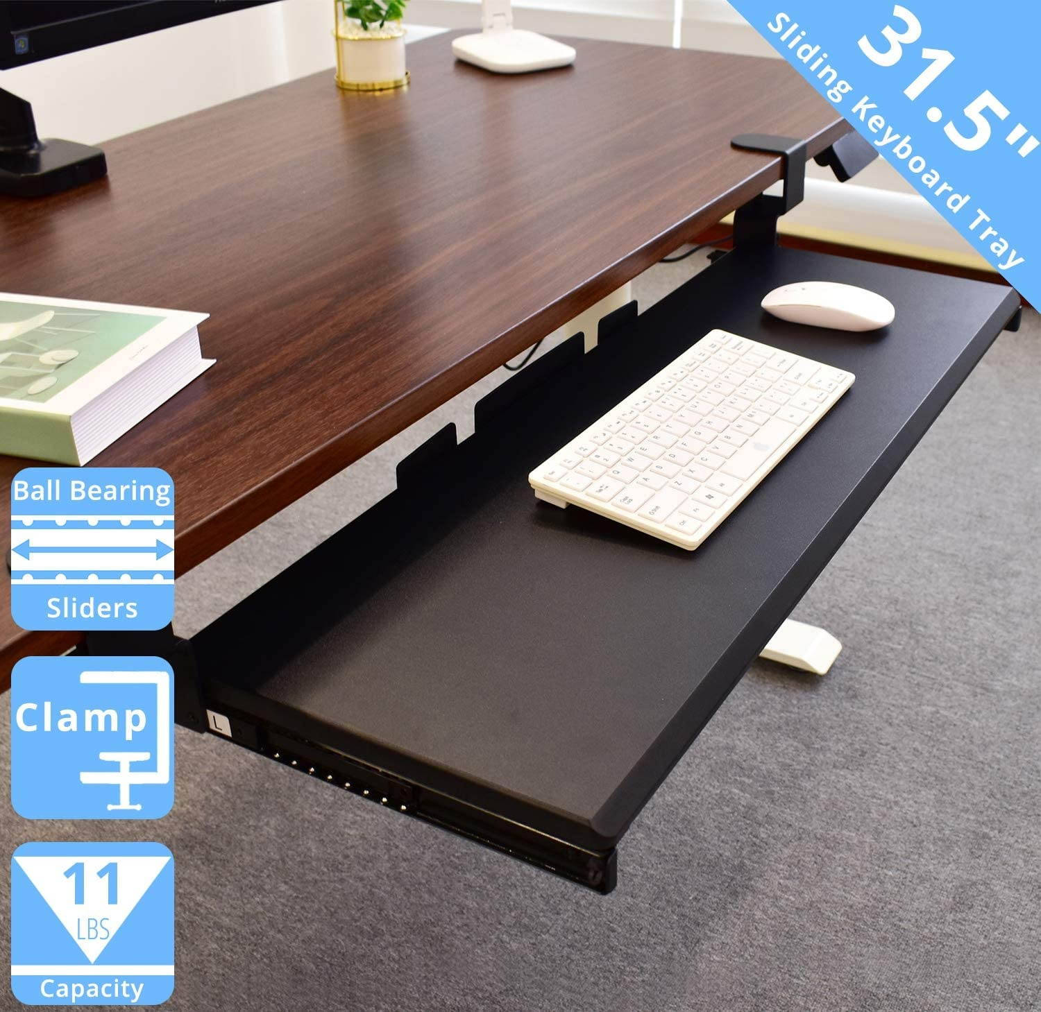360 Clamp-On Under-The-Desk Sliding Keyboard Tray Extra-Wide Shelf Holder, 31.5", Black