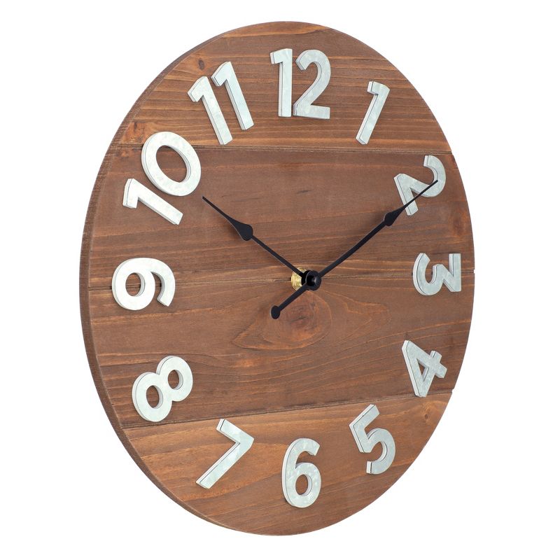 12" Frameless Rustic Walnut Wood Plank Wall Clock with Galvanized Metal Numbers Walnut - Patton Wall Decor