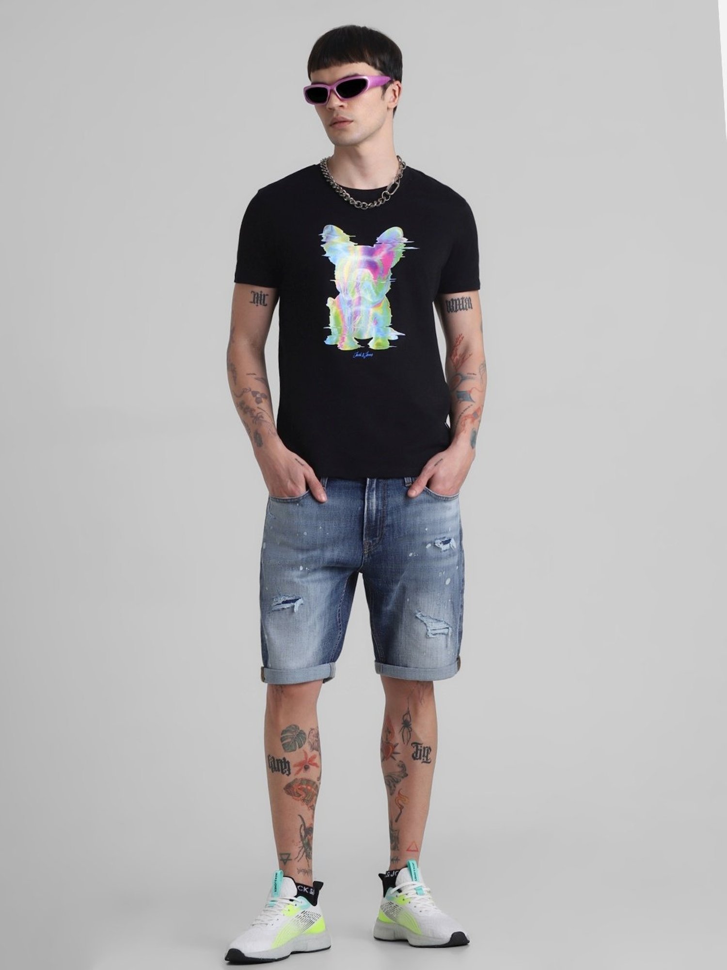 Jack & Jones Medium Blue Denim Cotton Regular Fit Distressed Denim Shorts