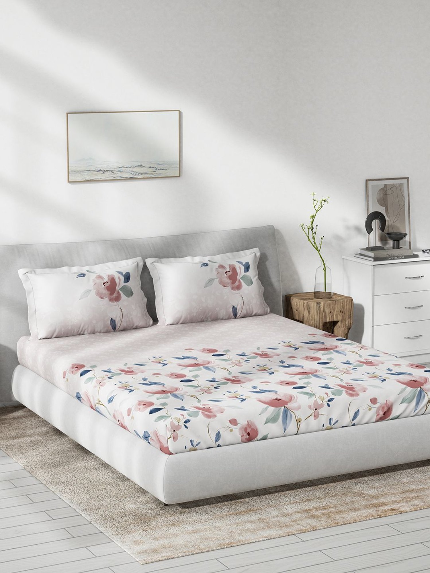 DDecor Floral Pink 136 TC Cotton King Fitted Bed Sheet With 2 Pillow Covers