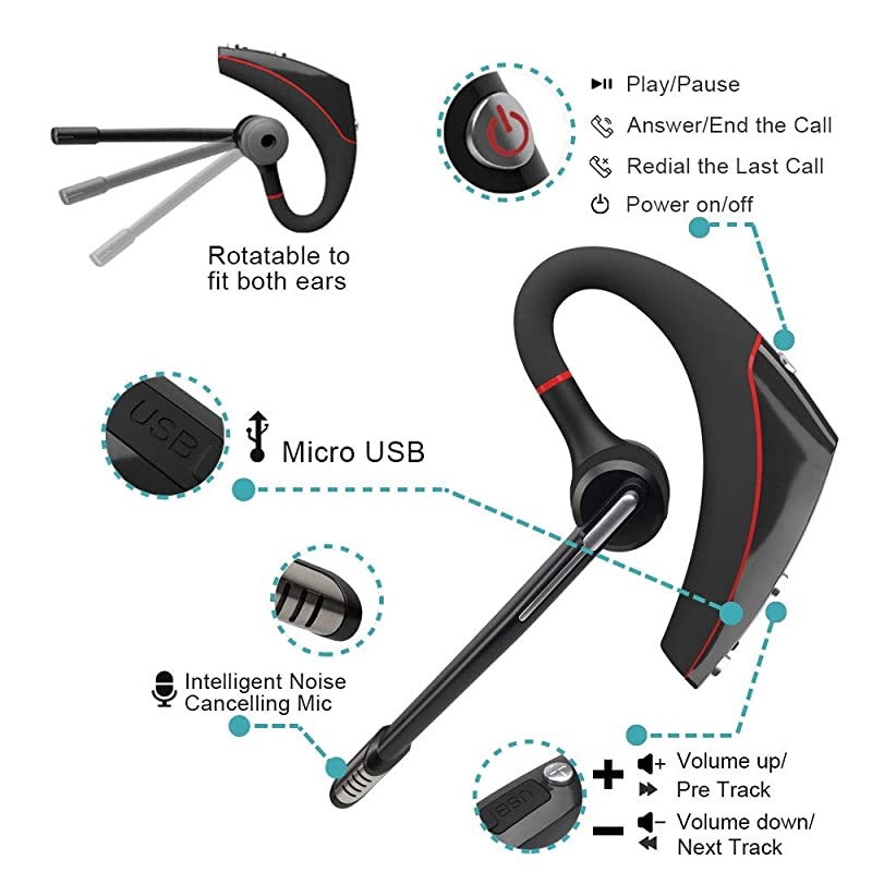 Headset,V5.0 Hands-Free Wireless Business Earpiece with Noise Reduction Mic for Cell Phones-Compatible with iPhone and Android,Work for Office/Workout/Driving