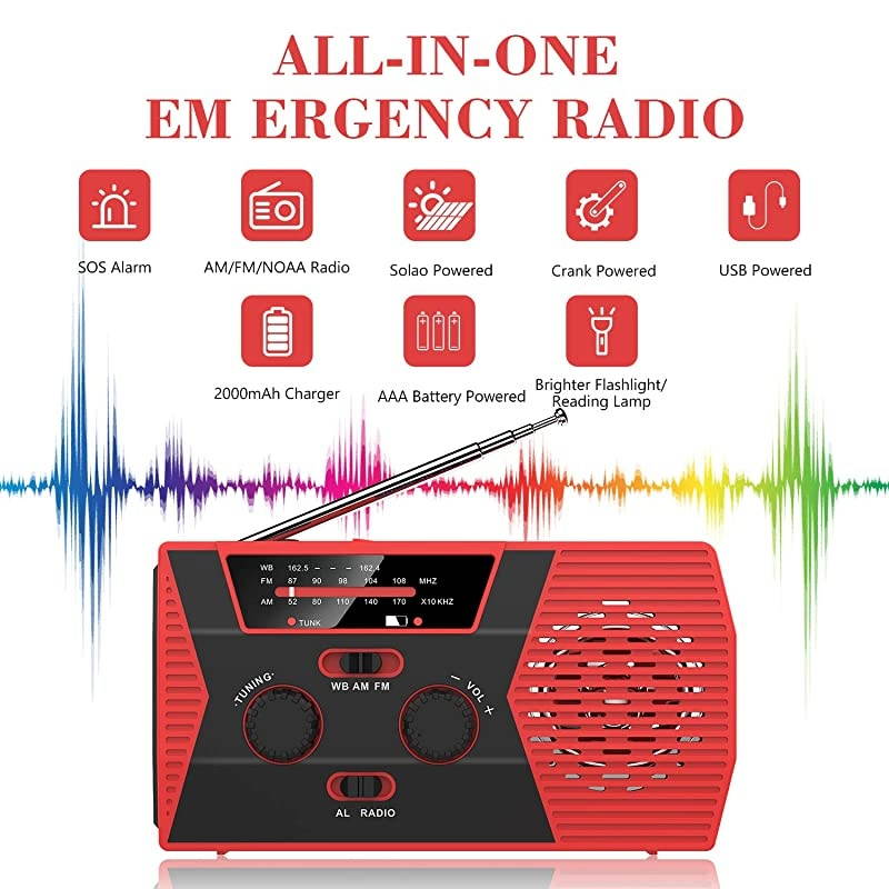 KA340 5Way Powered Rechargeable LED Camping Lantern Emergency AMFMSW NOAA Weather Alert Radio with Bluetooth Flashlight 5V USB Mobile Phone Charger MP3 Player Siren Gold