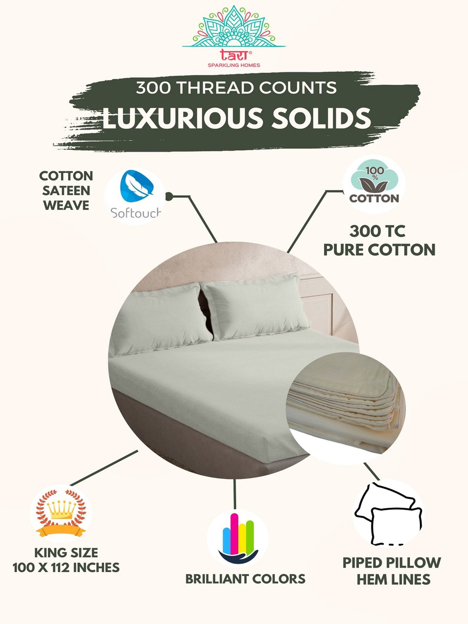 TARA Sparkling Homes White 300 TC Cotton King Bedsheet With 2 Pillow Covers