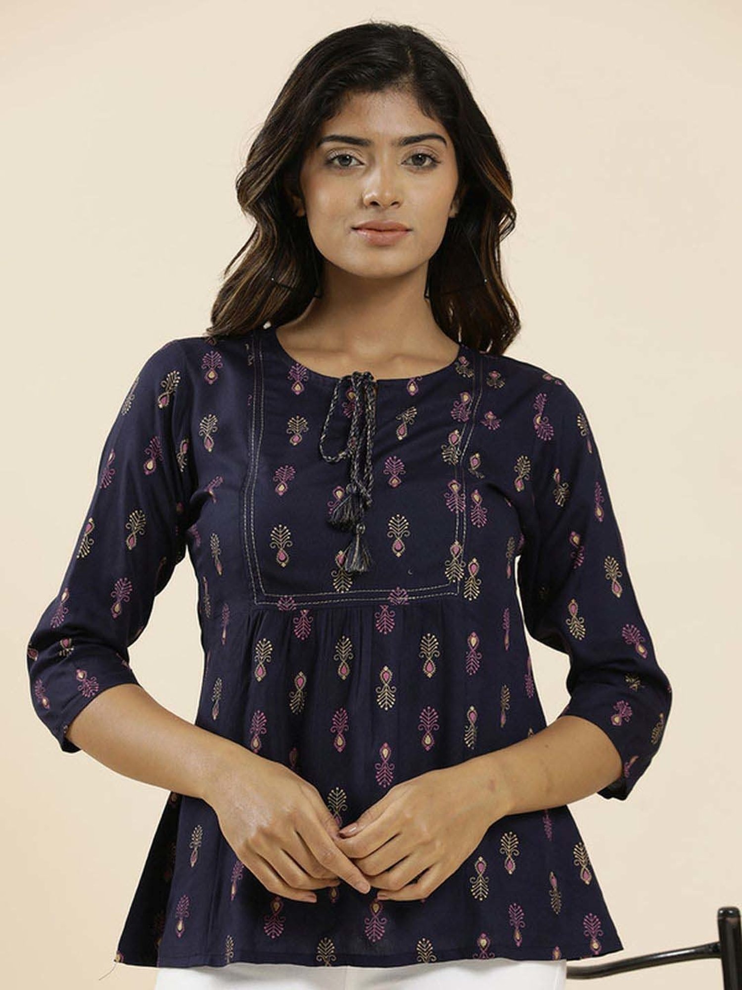 Jaipur Kurti Navy Printed Top
