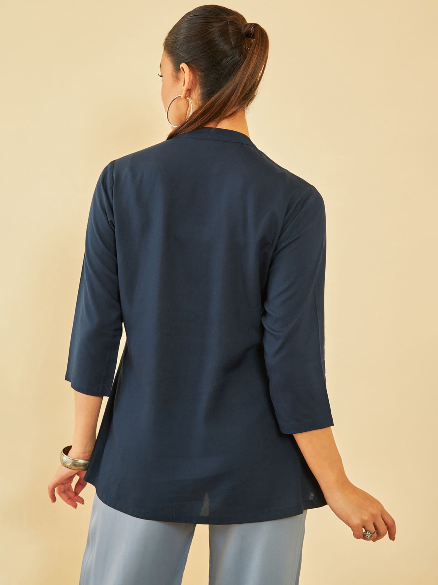 Soch Womens Navy Blue Rayon Embroidered Ethnic Tunic