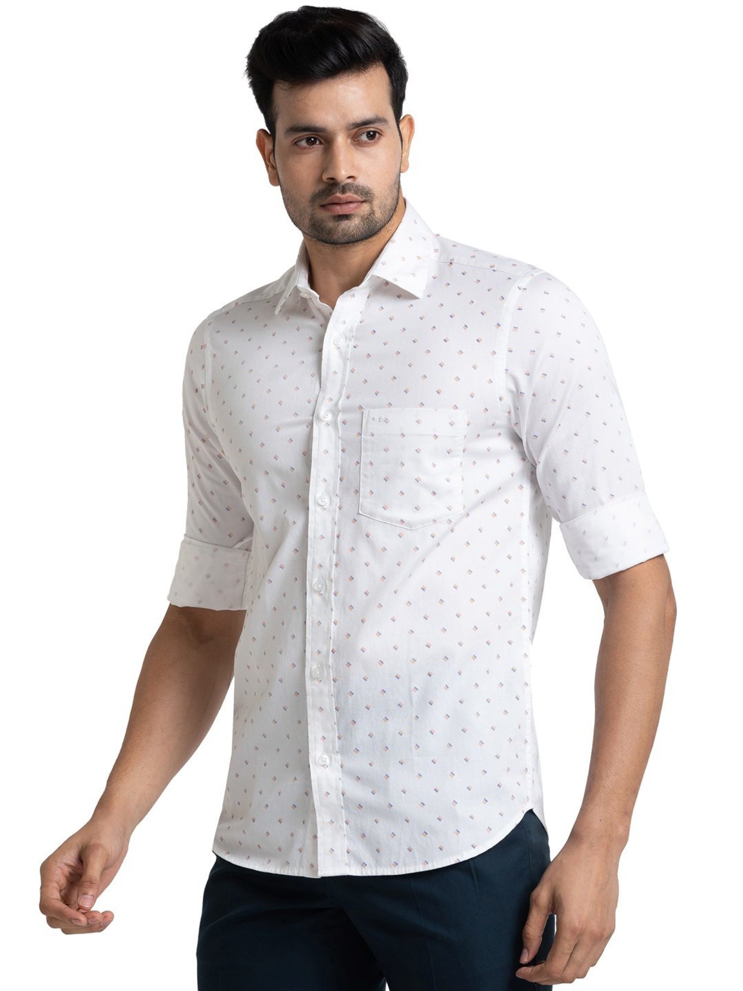 ColorPlus White Cotton Tailored Fit Printed Shirt