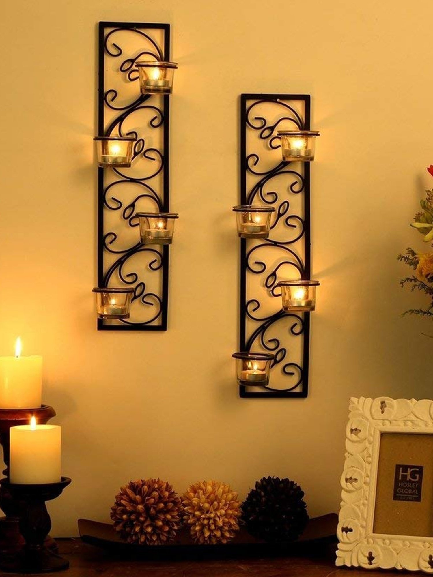 HOSLEY Black Iron Decorative Wall Sconce Candle Holder with T-light Candles - Set of 2