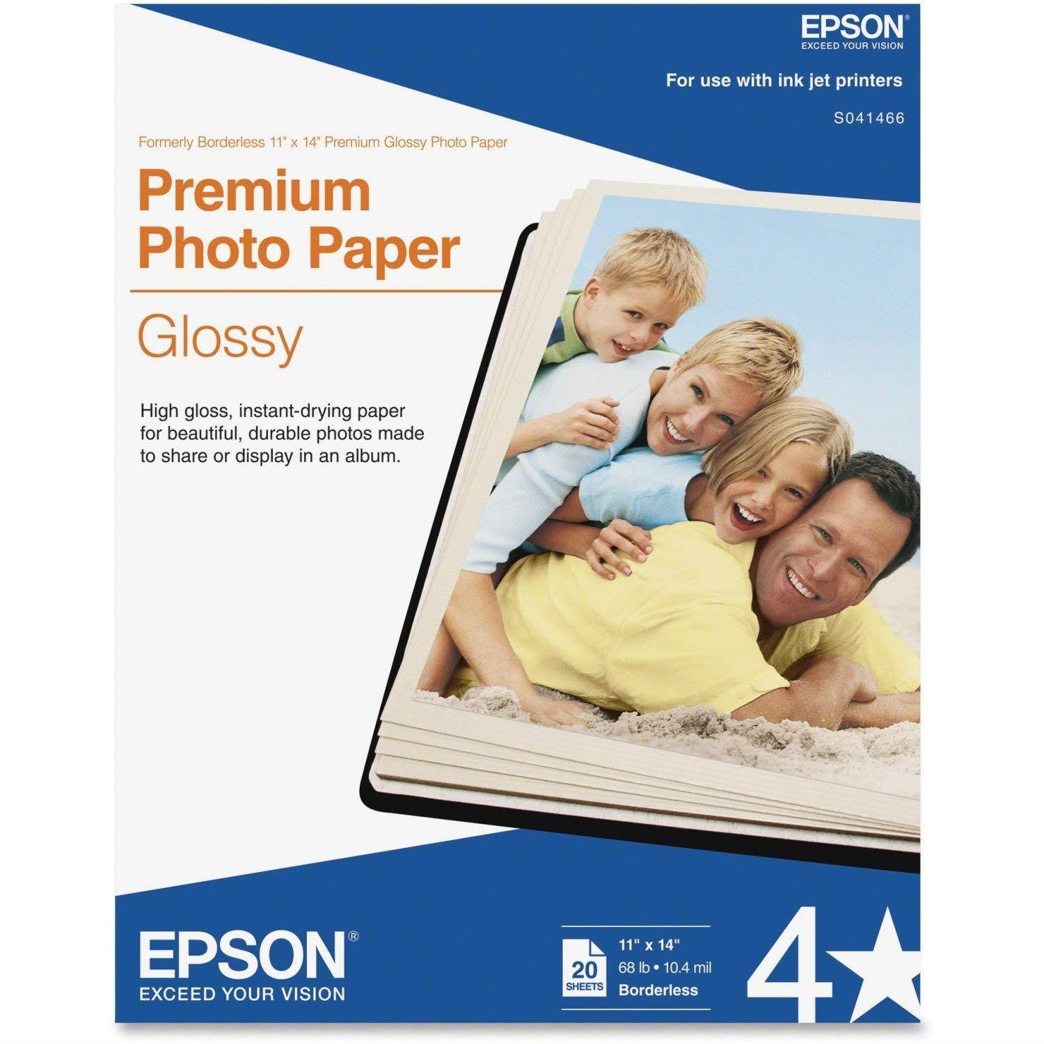 Epson Premium Photo Paper, 68 lbs, High-Gloss, 11 x 14, 20 Sheets/Pack