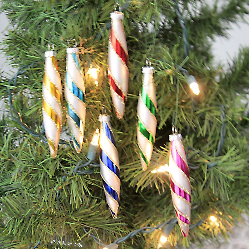 Holiday Ornament 4.25" Spectrum Spindle Drops Set / 6 Glittered Striped Retro Vintage  -  Tree Ornaments