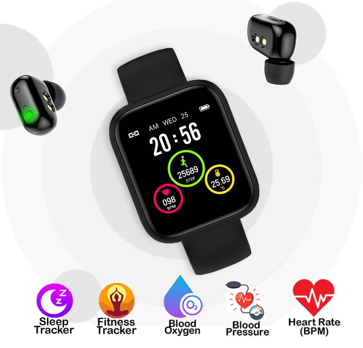 Sport Fitness SmartWatch & Earbuds (1.54-inch HD + Heart Rate Monitor + Blood Pressure + Blood Oxygen(SPO2) + Bluetooth Sync + Universally Compatible)