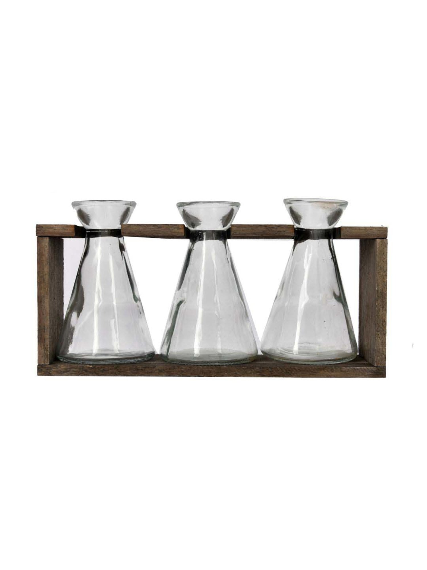 Tayhaa Transparent & Brown Glass Wooden Oraganised Vase Holder - Set of 3