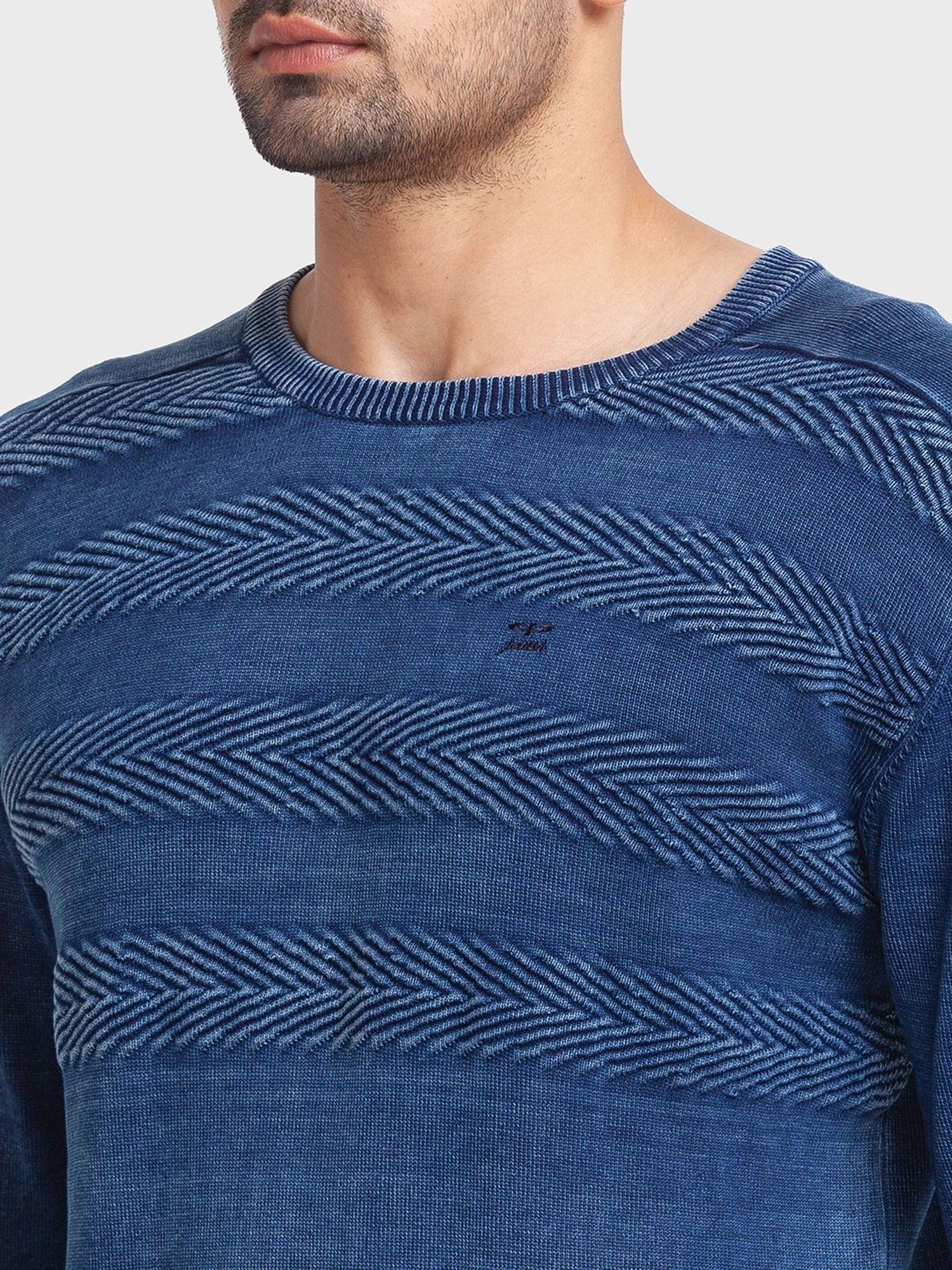 ColorPlus Blue Cotton Tailored Fit Self Pattern Sweaters