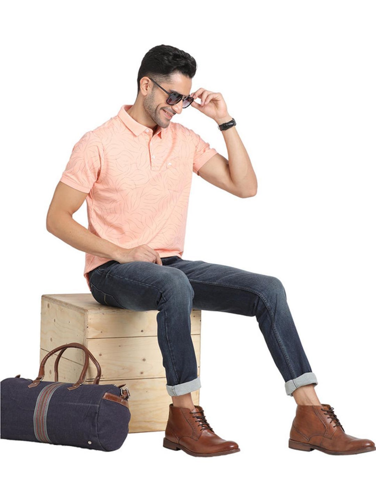 Turtle Peach Slim Fit Printed Polo T-Shirts