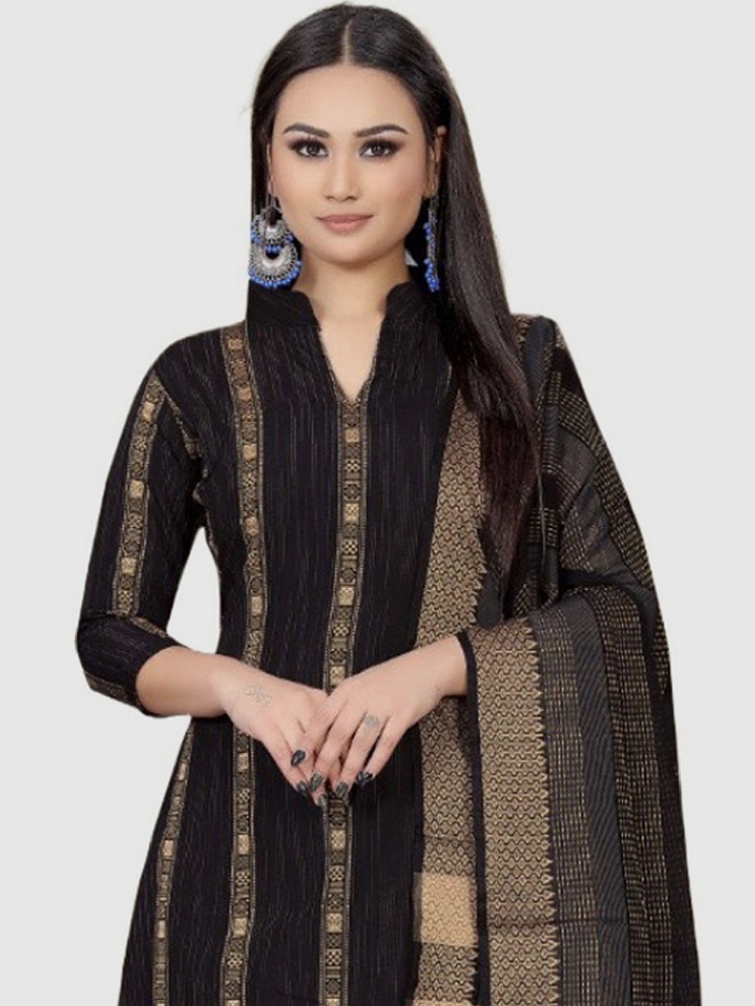APNISHA Black Cotton Woven Pattern Unstitched Dress Material