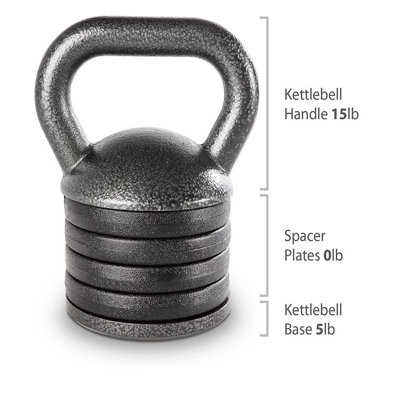 Apex Adjustable Cast Iron Kettlebell Full Body Strength Training Fitness Weight with 15 Pound Handle, 4 Removable Spacer Disks, and 5 Pound Bottom