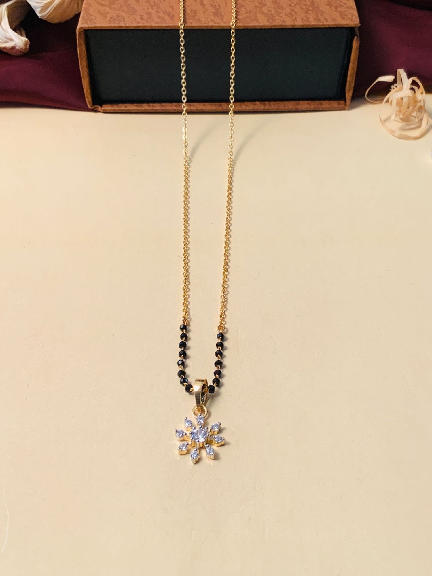 Abdesigns Gold-Plated American Diamond & Black Beaded Mangalsutra