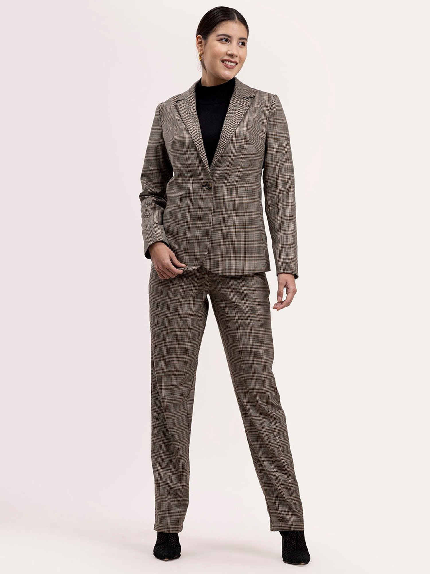 Fablestreet Brown & Black Cotton Checks Regular Fit Mid Rise Trousers