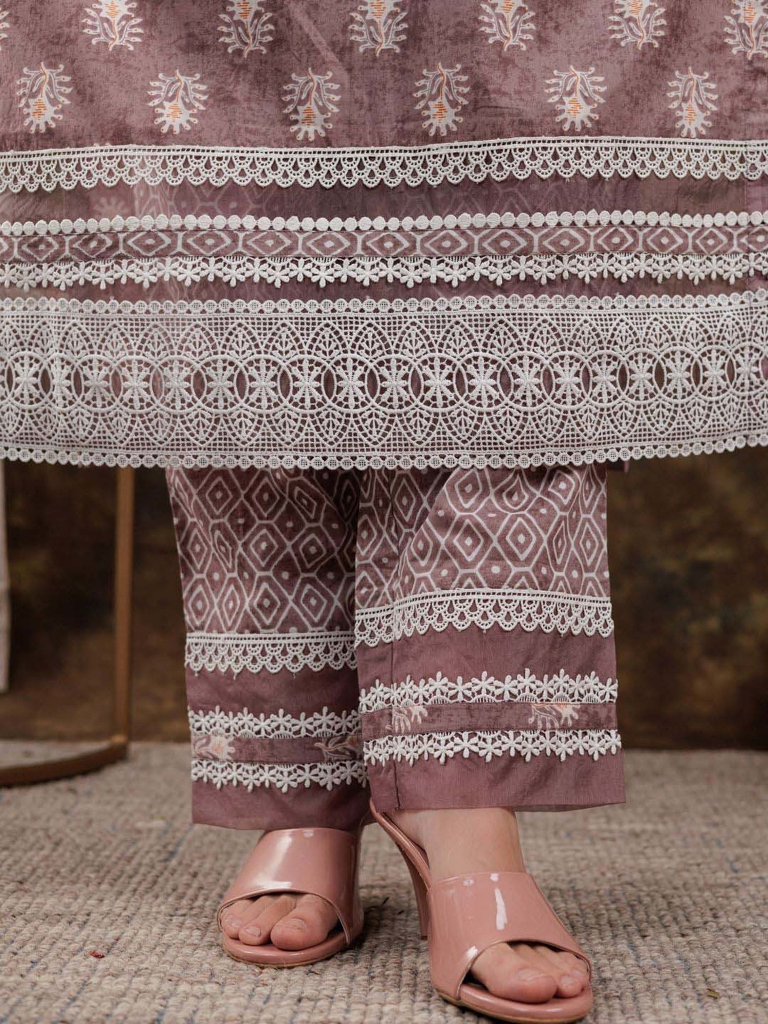 Yufta Purple Cotton Printed Kurta Pant Set With Dupatta