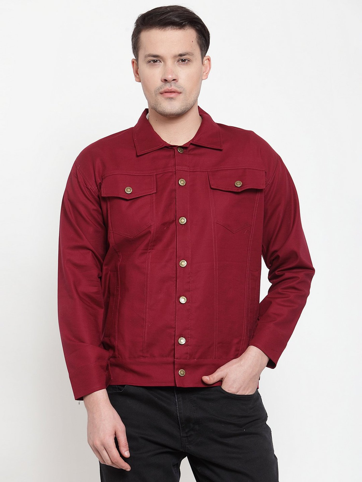VOXATI Wine Full Sleeves Shirt Collar Denim Jacket