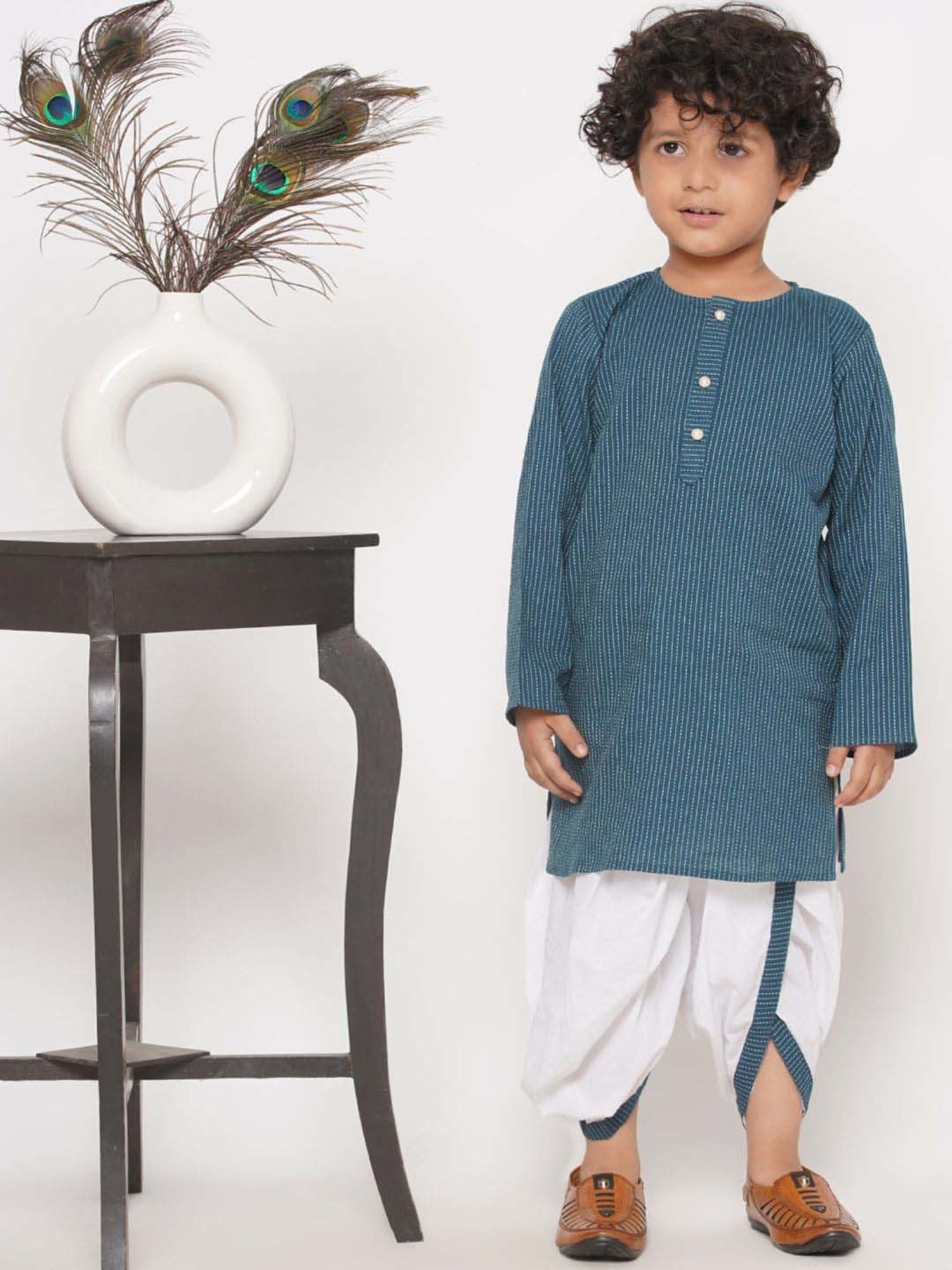 Little Bansi Kids Teal Blue & White Cotton Self Pattern Full Sleeves Kurta Set