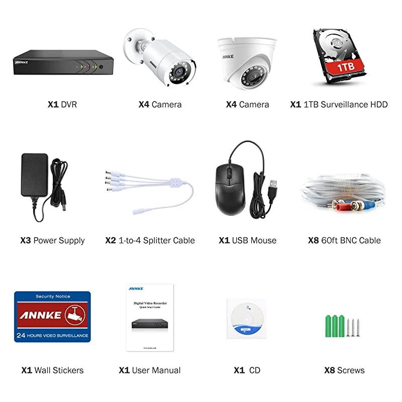 Surveillance Camera System 8CH 1080P Lite H264+ DVR with 8 HD 1080P Outdoor Weatherproof Cameras CCTV Security Camera System 1TB Surveillance Hard Drive Email Alert with Snapshots