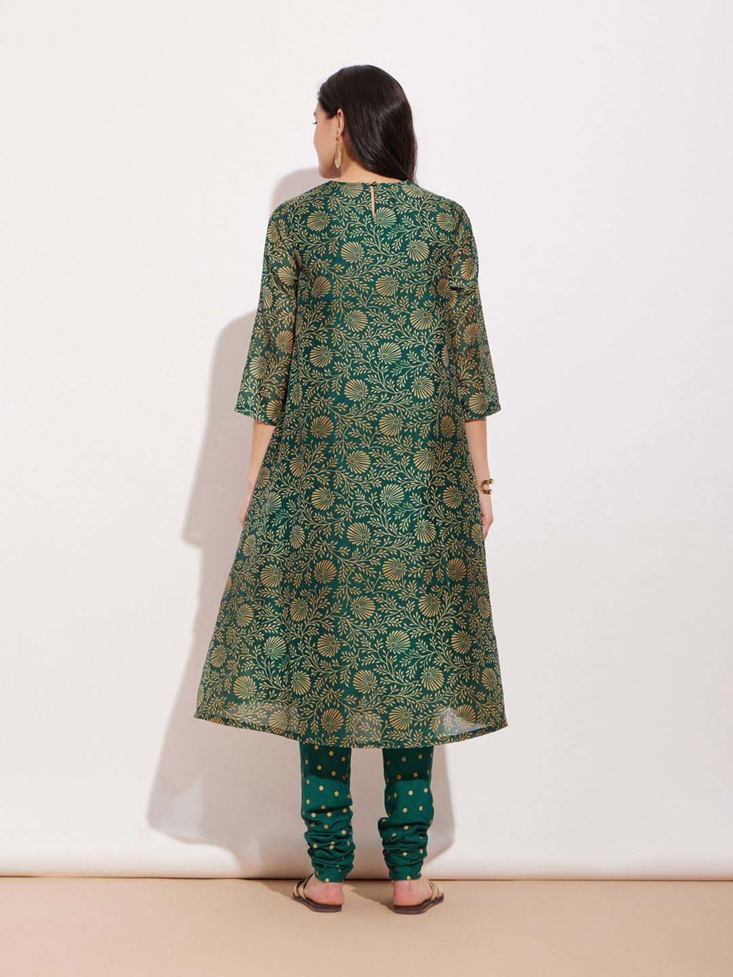 Pink Fort Green Printed A Line Kurta