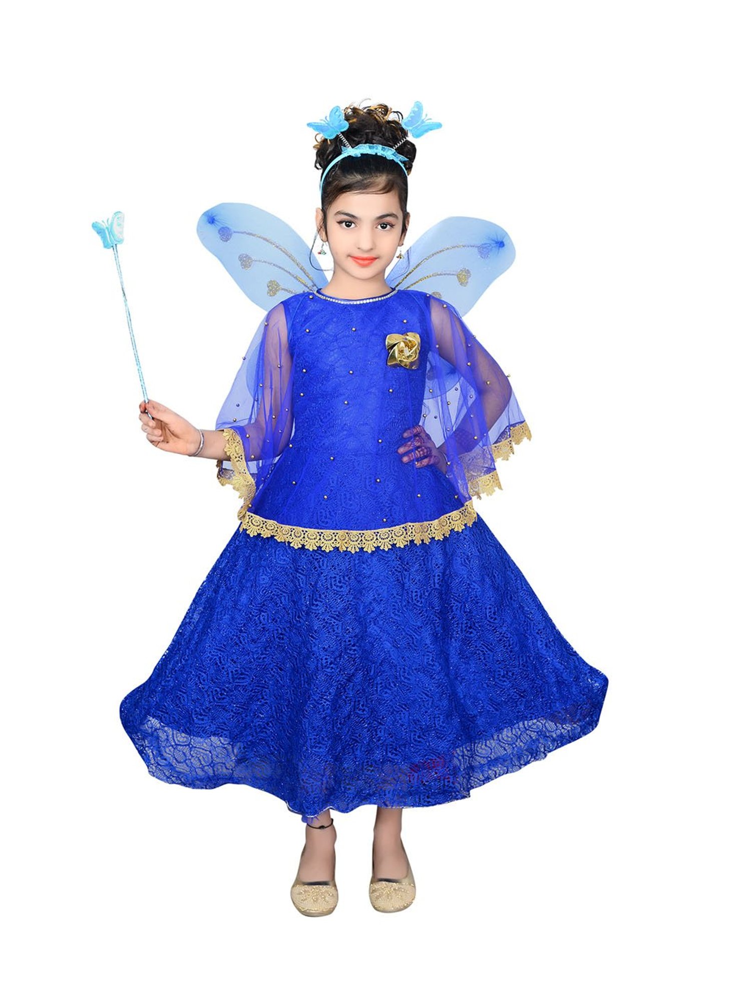Ahhaaaa Kids Blue Embellished Dress, Wings, Hair Band with Fairy Stick