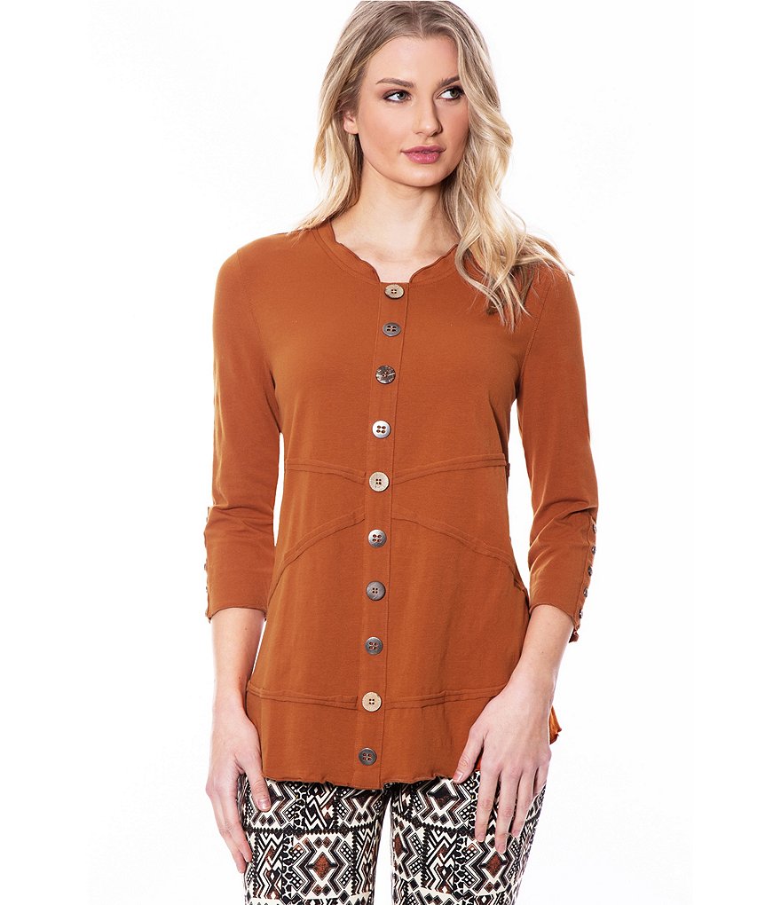 Multiples Band Crew Neck Seamed Detail Button Trim 3/4 Sleeve Knit Top