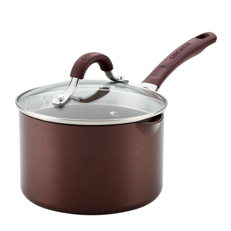 Circulon Innovatum 2qt Hard-Anodized Nonstick Covered Straining Saucepan with Pour Spouts Merlot