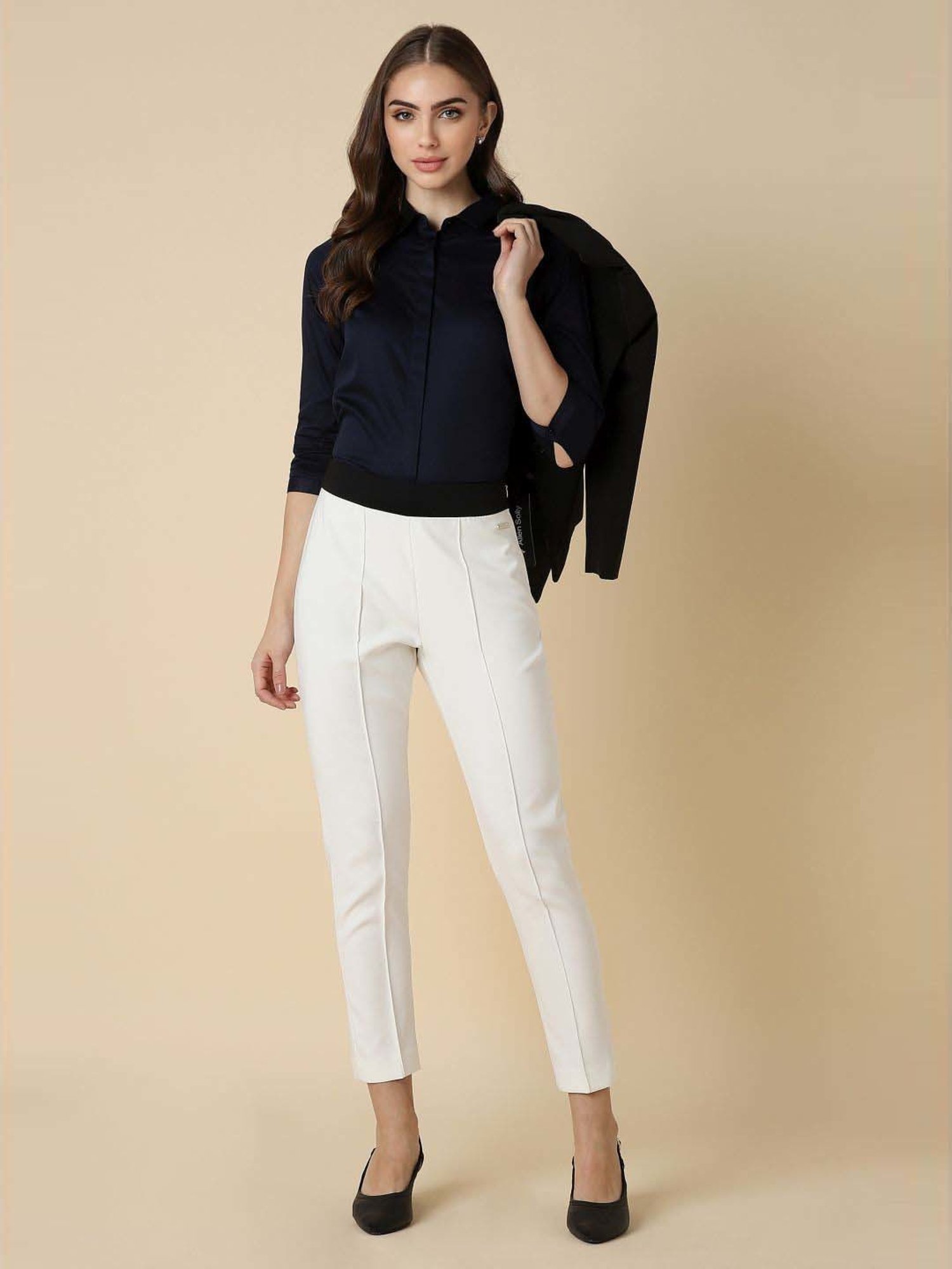 Allen Solly White Mid Rise Formal Trousers