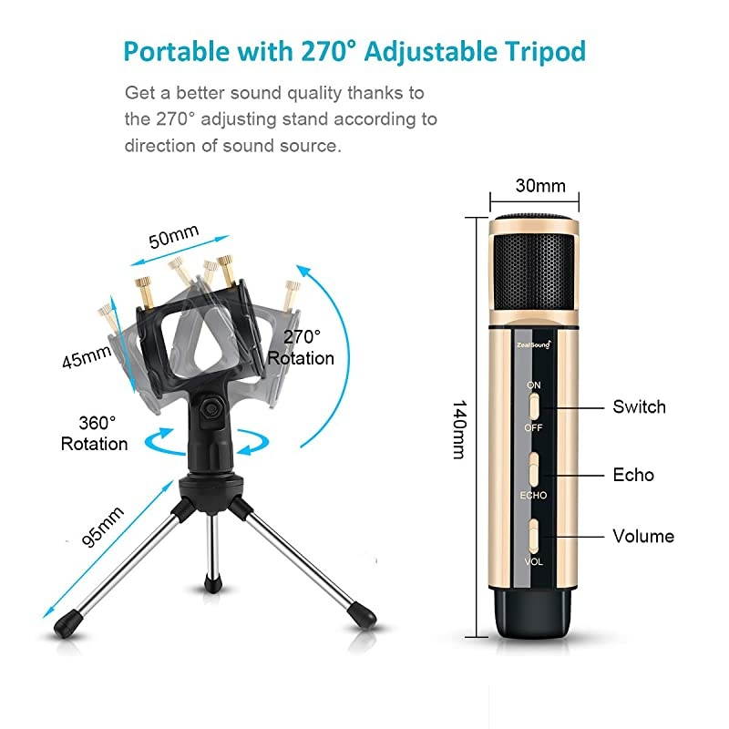 Studio Recording Microphone,  Condenser Broadcast Microphone w/Stand Built-in Sound Card Echo Recording Karaoke Singing for Phone Computer PC Garageband Smule Live Stream & YouTube (Gold)