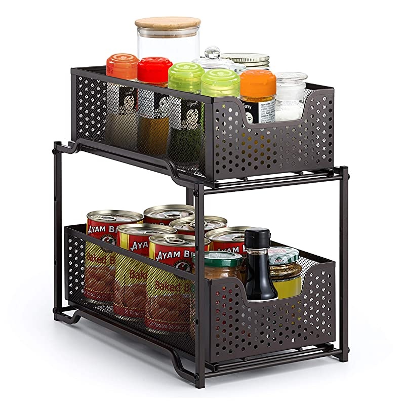 Stackable 2Tier Under Sink Cabinet Organizer with Sliding Storage Drawer Bronze