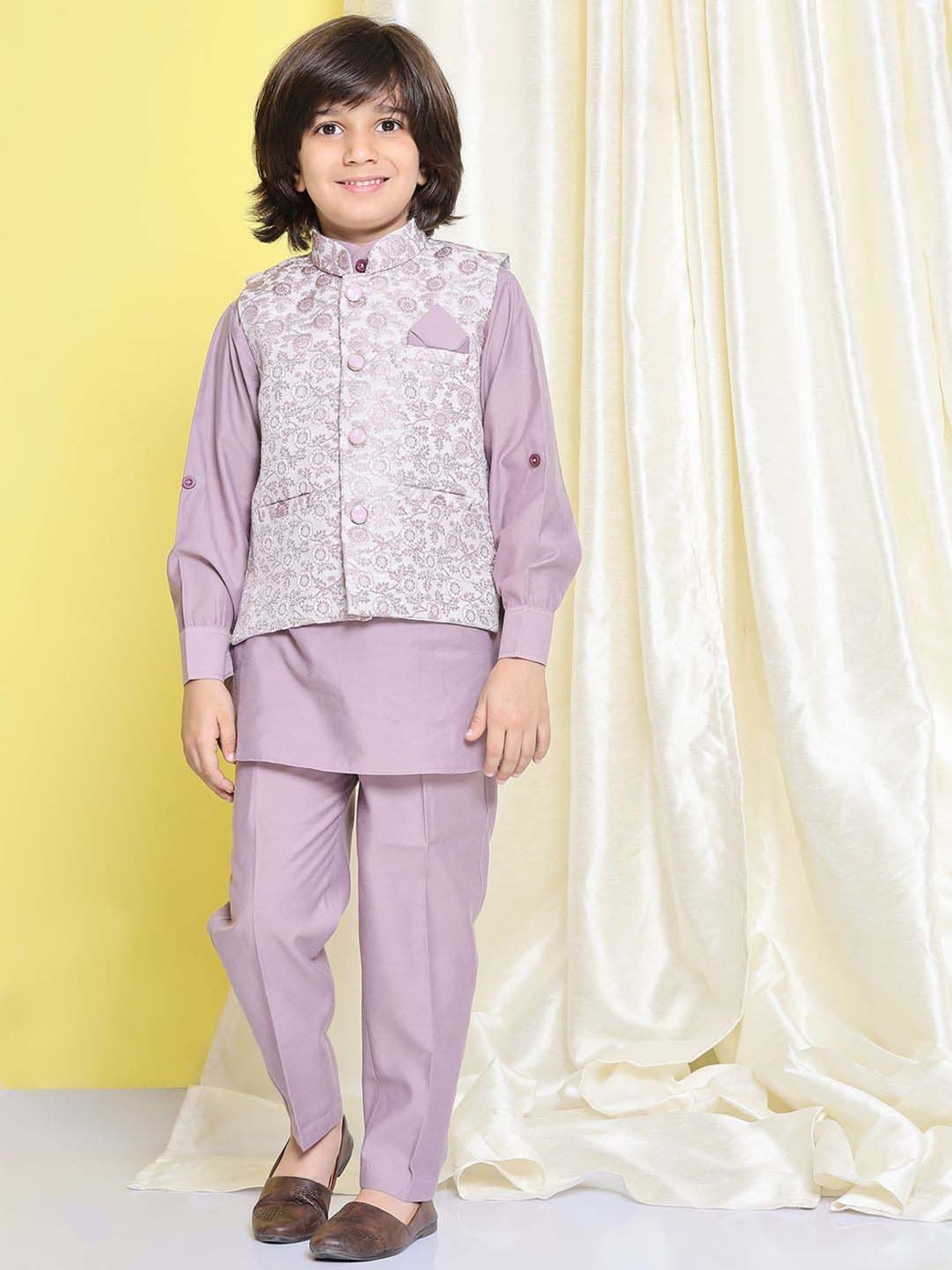 AJ Dezines Kids Purple Embroidered Full Sleeves Kurta Set