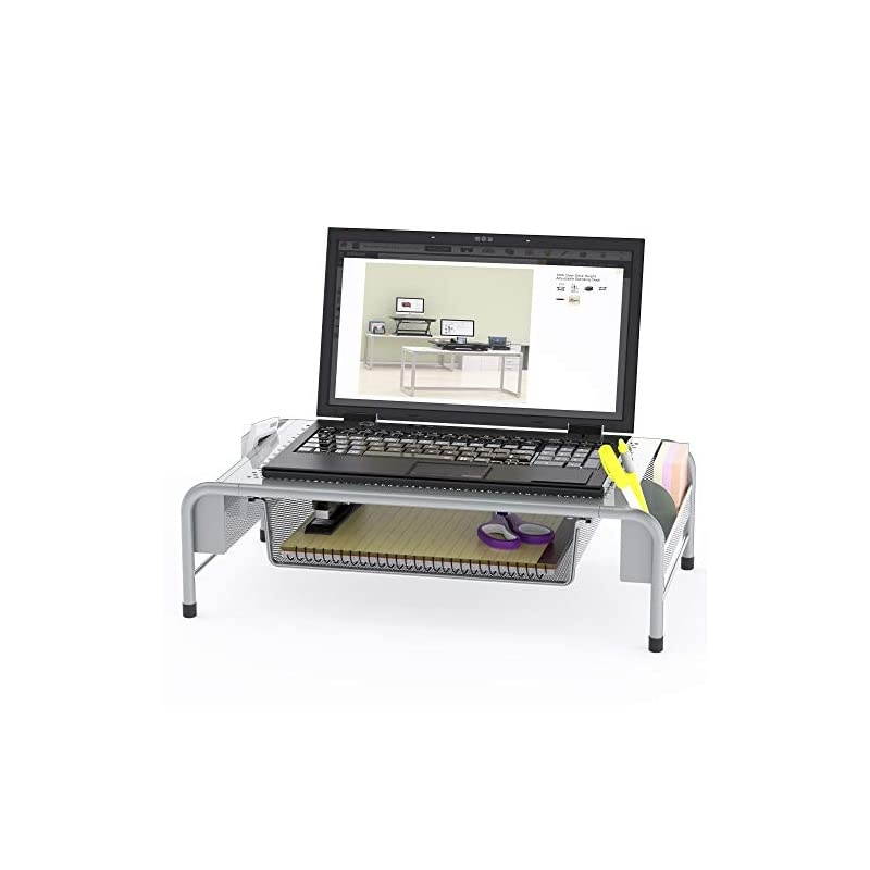 Metal Desk Monitor Stand Riser with Organizer Drawer Silver