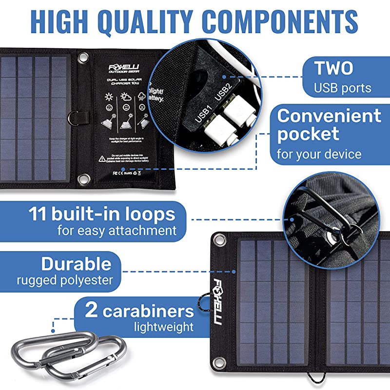 Dual USB Solar Charger 10W Foldable Solar Panel Phone Charger for iPhone Android Smartphones iPads Android Tablets Power Banks More Portable Solar Power for Camping Outdoors
