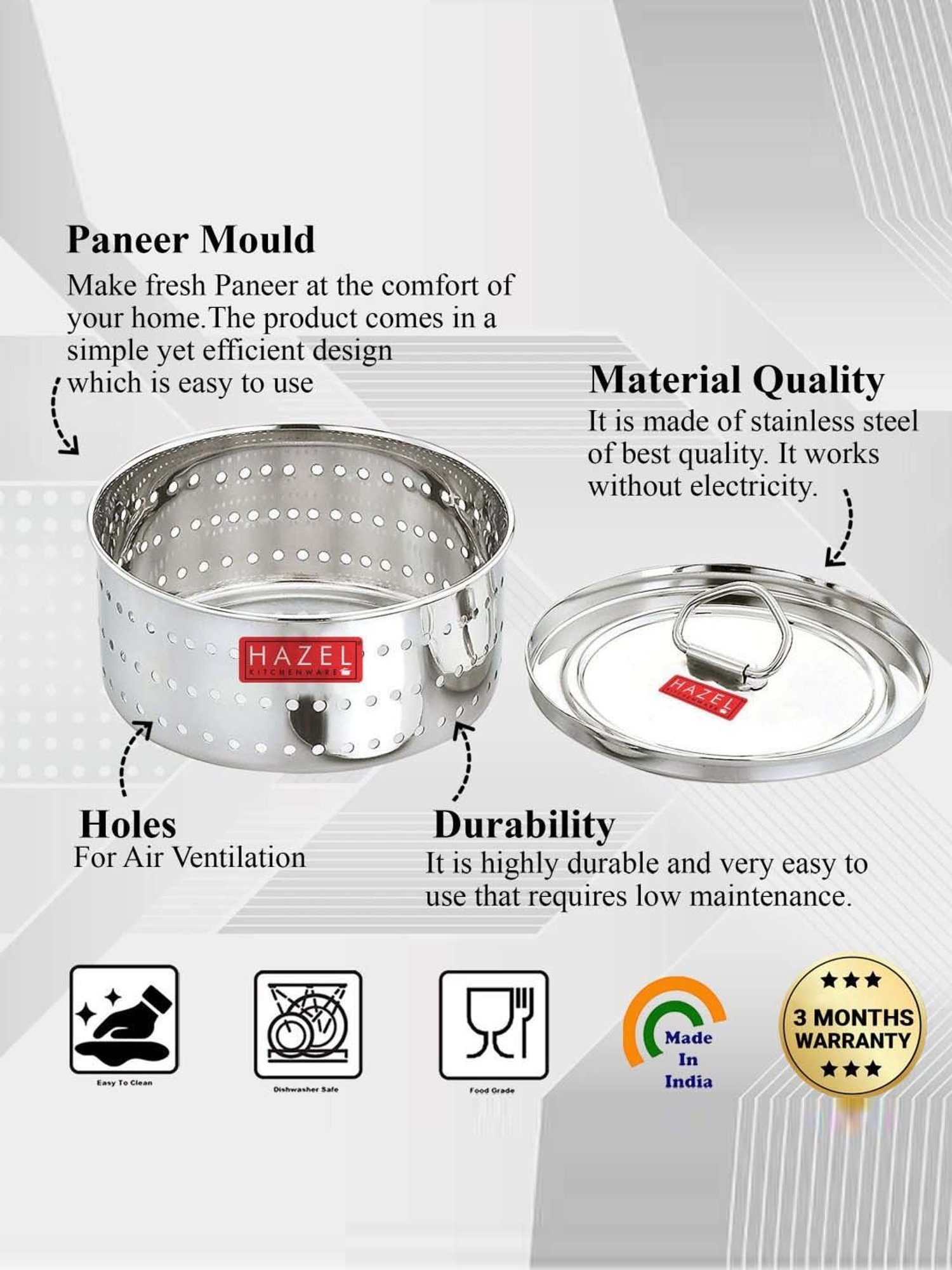 HAZEL Silver Stainless Steel Paneer Maker Container