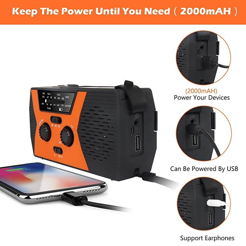 2020 Upgraded Emergency Solar Hand Crank Radio,  Hand Crank AM/FM/NOAA Weather Radio with Flashlight, Reading Lamp, 2000mAh Power Bank,USB Cell Phone Charger and SOS Alarm