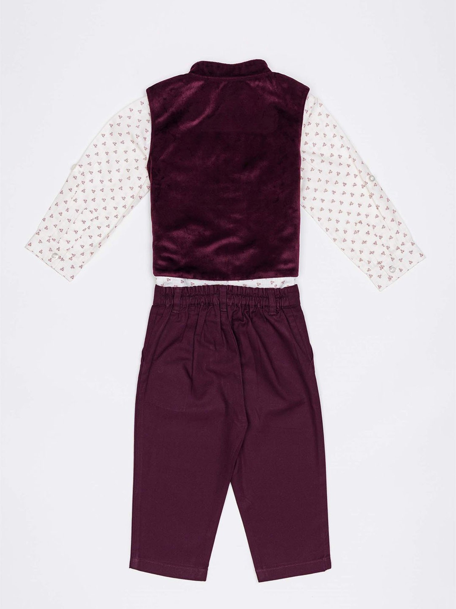 H by Hamleys Boys White & Wine Printed Full Sleeves Shirt, Waistcoat With Trousers