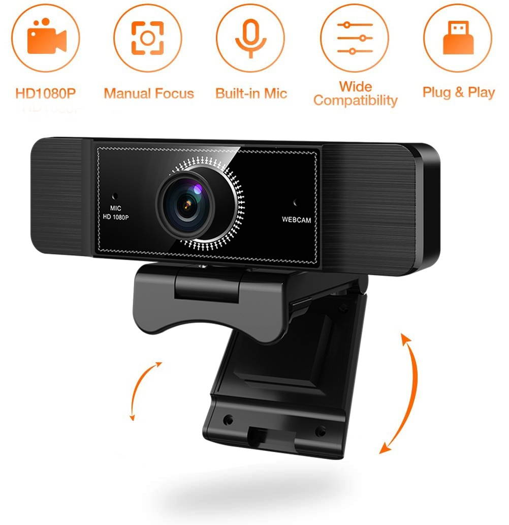 Webcam with Microphone, 1080P Full HD Webcam with 360&deg; Rotation, USB Web Cam for PC or Laptop Video Calling, Compatible for Win10/8/8.1/7/XP Linux for Skype, Streaming, Teleconference, Video Chat