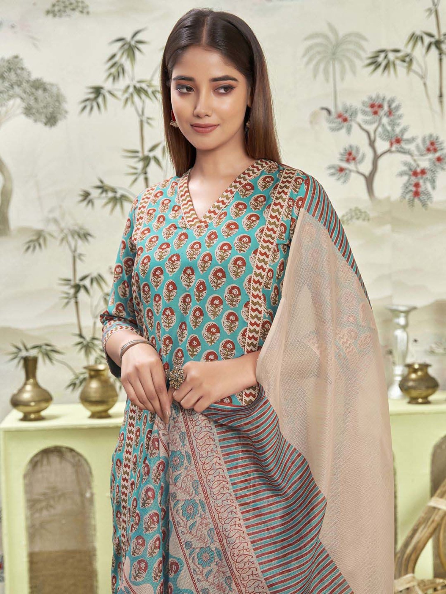 Skylee Blue Printed Kurta Pant Set With Dupatta